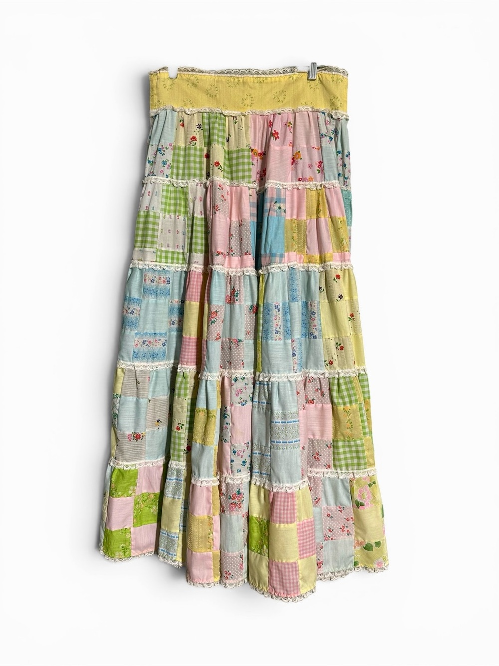 Vintage Patchwork Maxi Skirt handmade in Pastel Multi tiered Women Maxi size 10